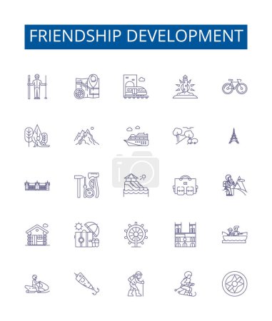 Illustration for Friendship development line icons signs set. Design collection of Bonding, Friendship, Uniting, Strengthening, Connecting, Enhancing, Growing, Evolving outline vector concept illustrations - Royalty Free Image