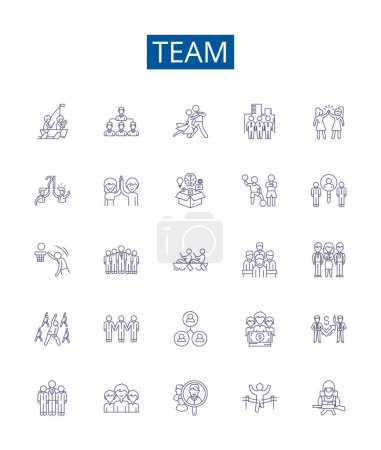 Illustration for Team line icons signs set. Design collection of Squad, Crew, Group, Unit, Alliance, Faction, Club, Fraternity outline vector concept illustrations - Royalty Free Image