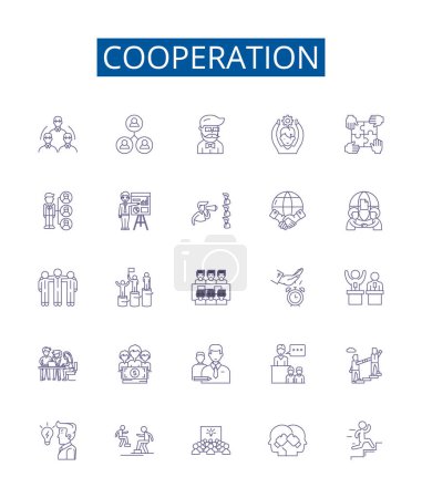 Illustration for Cooperation line icons signs set. Design collection of Collaboration, Accord, Alliance, Union, Consensus, Compromise, Amity, Affinity outline vector concept illustrations - Royalty Free Image