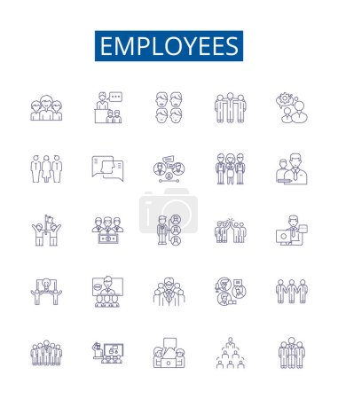 Illustration for Employees line icons signs set. Design collection of Workers, Employees, Staff, Personnel, Associates, Colleagues, Hires, Appointees outline vector concept illustrations - Royalty Free Image