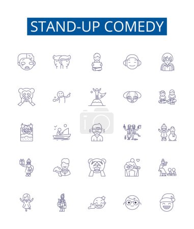 Téléchargez les illustrations : Stand-up icônes de ligne de comédie mis en place. Collection design d'humour, blagues, humoristes, spoofs, punchlines, rires, monologue, illustrations vectorielles de contours d'esprits - en licence libre de droit