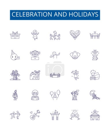 Ilustración de Celebración y días festivos línea iconos signos establecidos. Diseño de la colección de Festivales, Celebraciones, Fiestas, Fiesta, Alegría, Alegría, Felicidad, Reuniones esquema concepto vectorial ilustraciones - Imagen libre de derechos