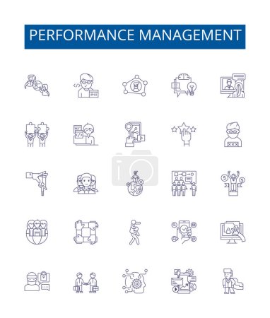 Illustration for Performance management line icons signs set. Design collection of Auditing, Assessing, Coaching, Evaluating, Goal setting, Motivating, Measuring, Training outline vector concept illustrations - Royalty Free Image