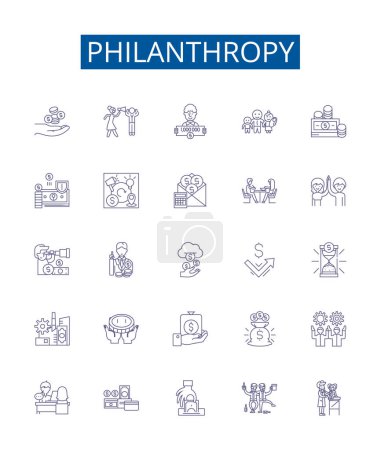 Illustration for Philanthropy line icons signs set. Design collection of Charitable, Generous, Altruistic, Selfless, Humane, Giving, Altruism, Donating outline vector concept illustrations - Royalty Free Image