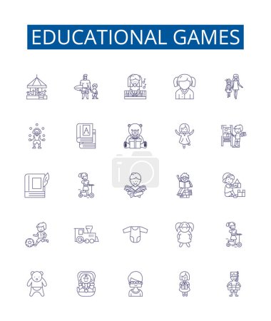 Illustration for Educational games line icons signs set. Design collection of Educational, Games, Learning, Teaching, Puzzles, Quizzes, Gameshows, Simulations outline vector concept illustrations - Royalty Free Image