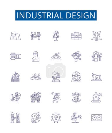 Illustration for Industrial design line icons signs set. Design collection of Industrial, Design, Automation, Fabrication, Robotics, Engineering, Styling, Manufacturing outline vector concept illustrations - Royalty Free Image