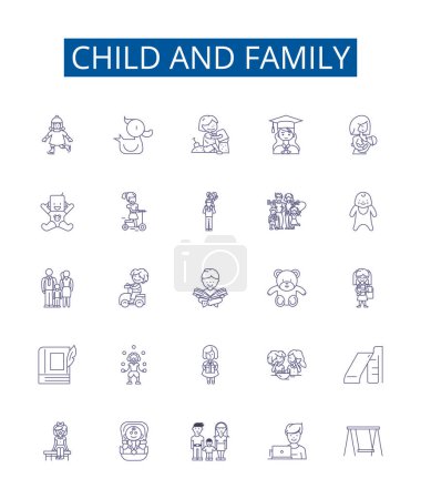 Illustration for Child and family line icons signs set. Design collection of Child, Family, childhood, parenting, upbringing, nurture, young, parenting skills outline vector concept illustrations - Royalty Free Image