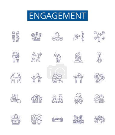 Illustration for Engagement line icons signs set. Design collection of Involvement, Commitment, Attachment, Connection, Interest, Embrace, Alliance, Binding outline vector concept illustrations - Royalty Free Image
