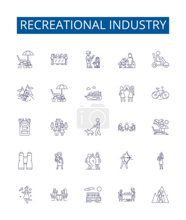 Illustration for Recreational industry line icons signs set. Design collection of Hiking, Boating, Skiing, Fishing, Camping, Swimming, Surfing, Kayaking outline vector concept illustrations - Royalty Free Image