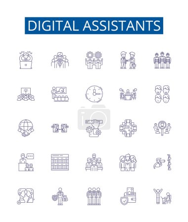 Illustration for Digital assistants line icons signs set. Design collection of Virtual, Assistants, Digital, Siri, Alexa, Cortana, Bixby, Google outline vector concept illustrations - Royalty Free Image
