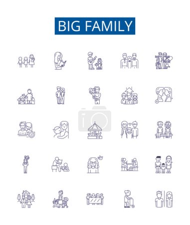 Ilustración de Conjunto de letreros de iconos de línea familiar grande. Diseño de la colección de grandes, Clan, Extendido, Kin, Hogar, Clan, Brood, Ilustraciones de concepto de vector de contorno de tribu - Imagen libre de derechos