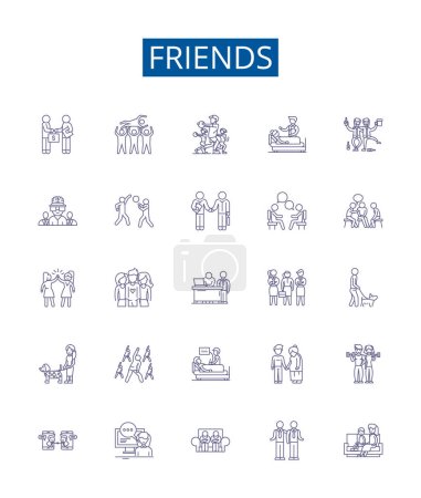 Illustration for Friends line icons signs set. Design collection of companions, pals, peers, associates, companionship, buddies, confidants, comrades outline vector concept illustrations - Royalty Free Image