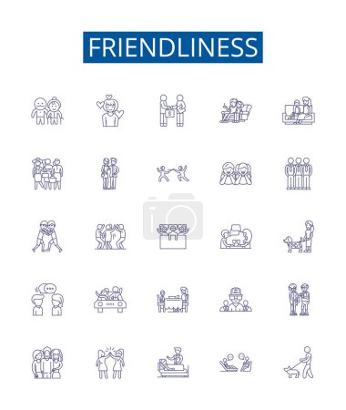 Illustration for Friendliness line icons signs set. Design collection of Affability, Amiability, Approachability, Benevolence, Camaraderie, Comradeship, Cordiality, Courtesy outline vector concept illustrations - Royalty Free Image