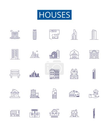Illustration for Houses line icons signs set. Design collection of Home, Abode, Mansion, Residence, Cottage, Hut, Dwelling, Lodge outline vector concept illustrations - Royalty Free Image