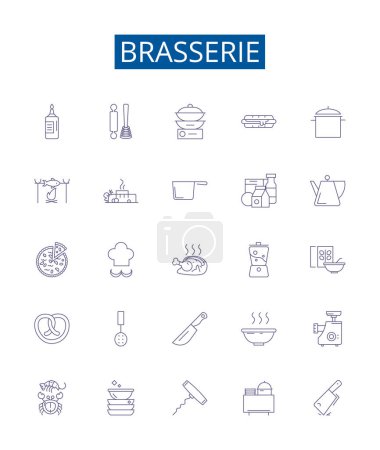 Illustration for Brasserie line icons signs set. Design collection of Brewery, Bistro, Gastropub, Pub, Winebar, Ales, Lagers, Hops outline vector concept illustrations - Royalty Free Image