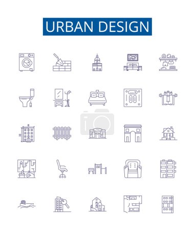 Illustration for Urban design line icons signs set. Design collection of Urban, Design, Architecture, Placemaking, City, Streetscape, Landscape, Sustainability outline vector concept illustrations - Royalty Free Image