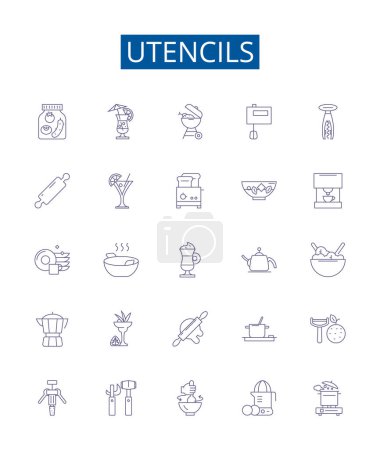 Illustration for Utencils line icons signs set. Design collection of Utensils, cutlery, dishes, pots, pans, knives, forks, spoons outline vector concept illustrations - Royalty Free Image