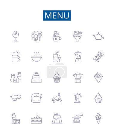 Illustration for Menu line icons signs set. Design collection of Diet, Food, Cuisine, Fare, Listing, Selections, Options, Dishes outline vector concept illustrations - Royalty Free Image