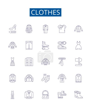 Illustration for Clothes line icons signs set. Design collection of Garment, Outfit, Apparel, Clothing, Dress, Suit, Shawl, Skirt outline vector concept illustrations - Royalty Free Image