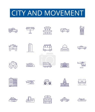 Illustration for City and movement line icons signs set. Design collection of city, movement, transportation, urban, pedestrian, bike, car, bus outline vector concept illustrations - Royalty Free Image