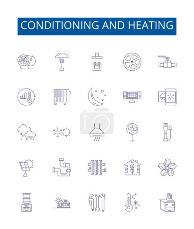 Klimaanlagen und Heizungsleitungen werden ausgeschildert. Design-Sammlung von Klimaanlagen, Heizung, Luft, Kühlung, Lüftung, Ventilator, Ofen, Wärmeumrisse Vektorkonzept Illustrationen