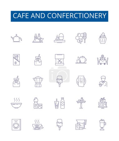 Illustration for Cafe and conferctionery line icons signs set. Design collection of Cafe, Confectionery, Bakeshop, Patisserie, Pastry, Bakery, Cake, Cookies outline vector concept illustrations - Royalty Free Image