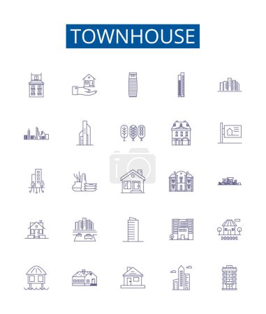 Ilustración de Conjunto de letreros de iconos de línea Townhouse. Colección de diseño de Townhome, Townhouse, Rowhouse, Villa, Cottage, Bungalow, Duplex, Condo esquema vector concepto ilustraciones - Imagen libre de derechos