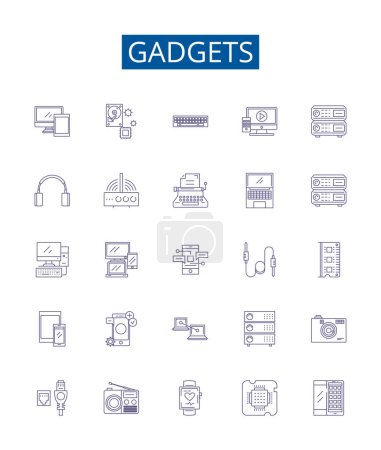 Gadgets línea iconos signos establecidos. Diseño de la colección de dispositivos, electrónica, electrodomésticos, herramientas, tecnología, juguetes, iPhones, computadoras esbozan ilustraciones concepto vectorial