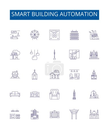 Illustration for Smart building automation line icons signs set. Design collection of Smart, Building, Automation, IoT, Energy-efficiency, Voice-recognition, Sensors, Connectivity outline vector concept illustrations - Royalty Free Image