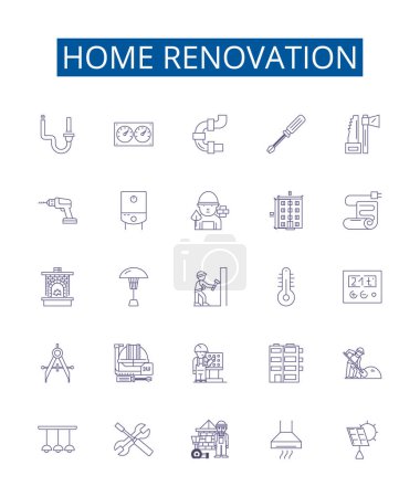 Illustration for Home renovation line icons signs set. Design collection of Renovate, Remodel, Redecorate, Repair, Update, Decorate, Paint, Install outline vector concept illustrations - Royalty Free Image