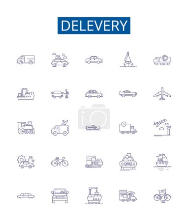 Illustration for Delevery line icons signs set. Design collection of Dispatch, Delivery, Postage, Freight, Mailing, Dispatching, Shipping, Transmit outline vector concept illustrations - Royalty Free Image