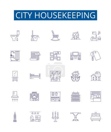 Illustration for City housekeeping line icons signs set. Design collection of Urban, Cleaning, Services, Housework, Dwelling, Residents, Dusting, Sweeping outline vector concept illustrations - Royalty Free Image