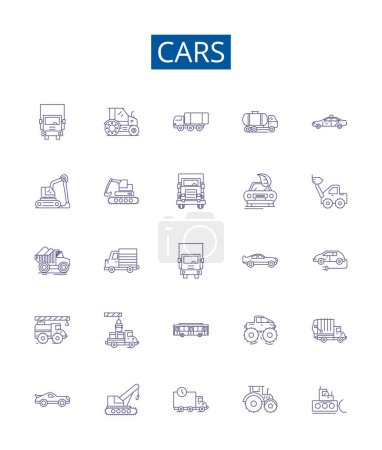 Illustration for Cars line icons signs set. Design collection of Automobile, Sedan, SUV, Crossover, Hatchback, Convertible, Coupe, Hybrid outline vector concept illustrations - Royalty Free Image