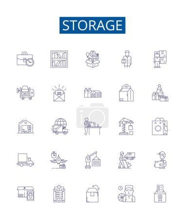 Illustration for Storage line icons signs set. Design collection of Storage, preservation, stocking, stockpiling, keeping, cache, collection, containment outline vector concept illustrations - Royalty Free Image