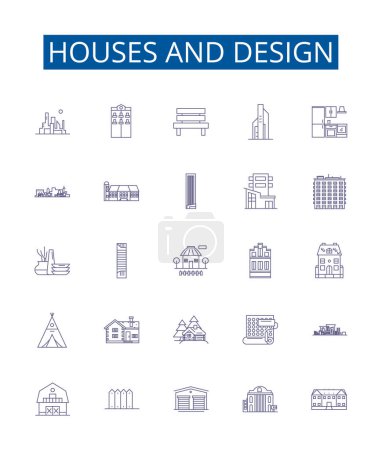 Illustration for Houses and design line icons signs set. Design collection of Architecture, Structures, Interiors, Planning, Estates, Dwellings, Plans, Style outline vector concept illustrations - Royalty Free Image