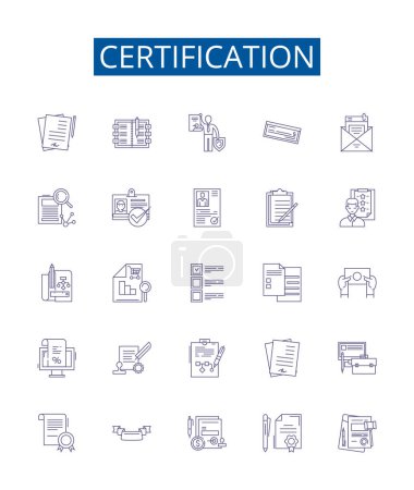 Línea de certificación iconos signos establecidos. Diseño de la colección de Certificado, Credencial, Licenciado, Calificado, Aprobado, Acreditado, Aprobado, Afirmada esquema vector concepto ilustraciones