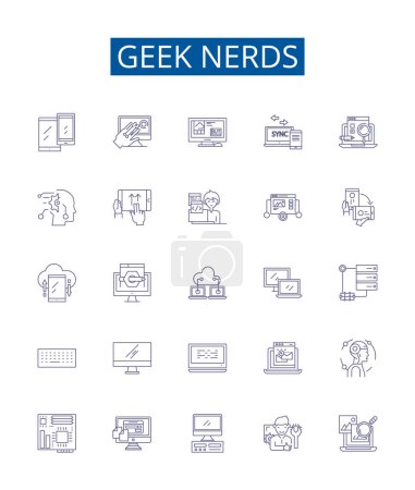 Illustration for Geek nerds line icons signs set. Design collection of Geek, Nerds, Technology, Programmer, Computer, Nerd, Geeky, Coder outline vector concept illustrations - Royalty Free Image