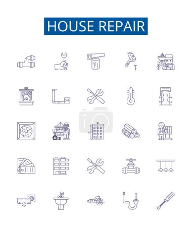 Illustration for House repair line icons signs set. Design collection of Housekeeping, Plumbing, Painting, Tiling, Carpentry, Roofing, Caulking, Insulation outline vector concept illustrations - Royalty Free Image