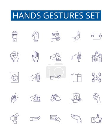 Téléchargez les illustrations : Les gestes des mains définissent les icônes de la ligne les signes sont définis. Collection design d'illustrations vectorielles de contours gesticulés, ondulés, pointant, saisissant, serrant, signalant, florissant, léchant - en licence libre de droit