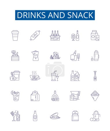 Illustration for Drinks and snack line icons signs set. Design collection of Cuisine, Diet, Baking, Feasting, Gourmet, Nourishment, Banquet, Savoring outline vector concept illustrations - Royalty Free Image