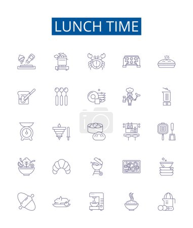 Illustration for Lunch time line icons signs set. Design collection of Mealtime, Lunching, Eating, Dining, Breaktime, Resting, Repast, Nosh outline vector concept illustrations - Royalty Free Image