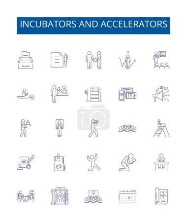 Illustration for Incubators and accelerators line icons signs set. Design collection of Incubators, Accelerators, Startups, Investment, Innovate, Mentoring, Development, Network outline vector concept illustrations - Royalty Free Image