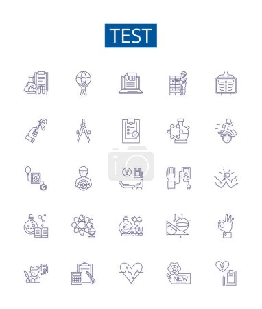 Illustration for Test line icons signs set. Design collection of No periodExam, Assess, Assay, Assess, Evaluate, Analyze, Measure, Analyse outline vector concept illustrations - Royalty Free Image