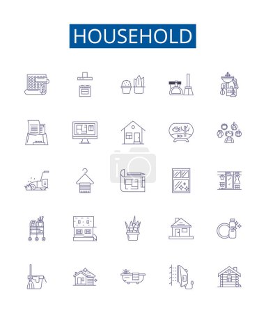 Illustration for Household line icons signs set. Design collection of Home, Dwelling, Furniture, Appliances, Cleaning, Washing, Cooking, Decor outline vector concept illustrations - Royalty Free Image