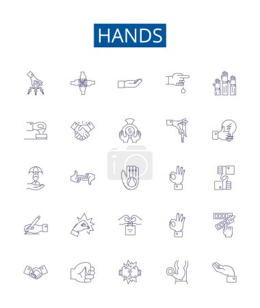 Illustration for Hands line icons signs set. Design collection of Palms, Clenched, Reach, Squeeze, Shake, Grasp, Fingers, Gloves outline vector concept illustrations - Royalty Free Image