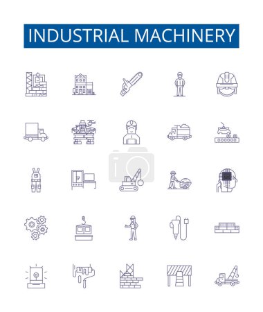 Illustration for Industrial machinery line icons signs set. Design collection of Machinery, Industrial, Equipment, Factories, Manufacturing, Lathes, Mills, Automation outline vector concept illustrations - Royalty Free Image