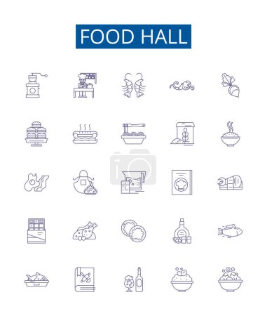 Illustration for Food hall line icons signs set. Design collection of Cafeteria, Delicatessen, Restaurant, Bistro, Eatery, Stall, Cuisine, Deli outline vector concept illustrations - Royalty Free Image