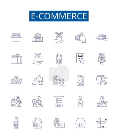 Illustration for E-commerce line icons signs set. Design collection of Online, Shopping, Marketplace, Retail, Transaction, Digital, Products, Services outline vector concept illustrations - Royalty Free Image