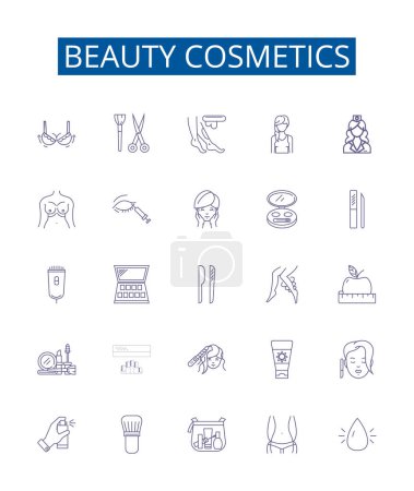 Illustration for Beauty cosmetics line icons signs set. Design collection of Makeup, SkinCare, HairCare, Perfume, Lipstick, Facial, Primer, Mascara outline vector concept illustrations - Royalty Free Image