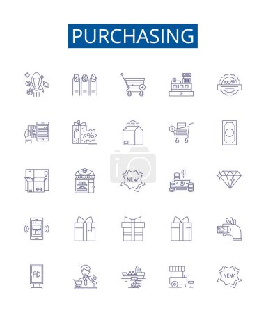 Illustration for Purchasing line icons signs set. Design collection of Buy, Acquire, Obtain, Shop, Shop for, Invest in, Bargain, Finance outline vector concept illustrations - Royalty Free Image